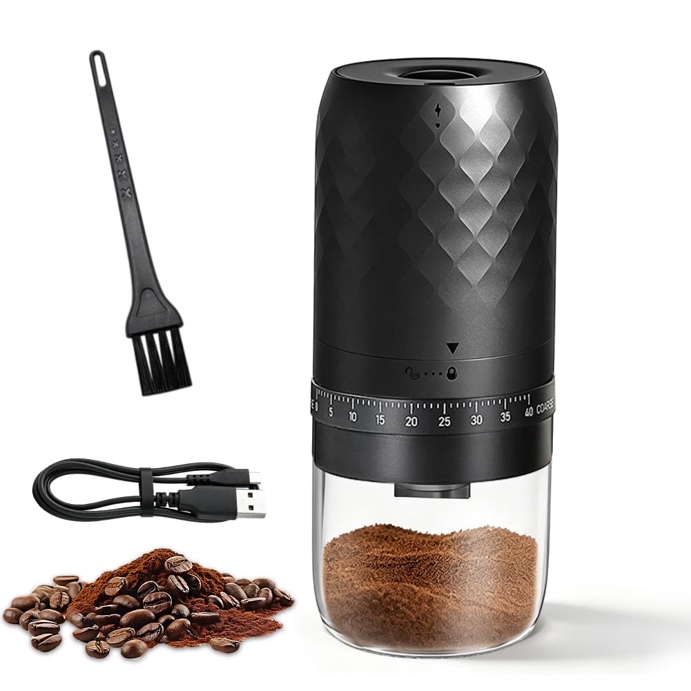 Elektrische Kaffeemühle Tragbar, Kegelmahlwerk mit 5 einstellbaren Mahlgraden, USB-C-Schnellladung u
