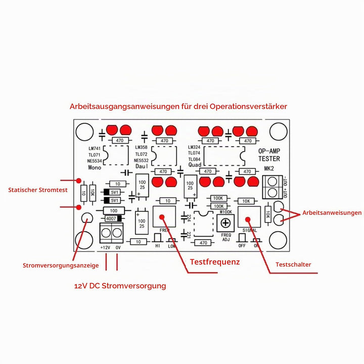 OP AMP Testmodul Operationsverstärker Testbrett Verstärkung Schaltung Test für Einzel Doppel Quad DC