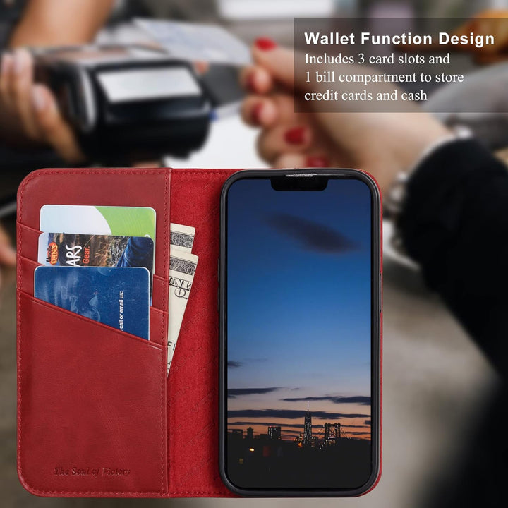 VISOUL Hülle für iPhone 14 Pro Handyhülle [Echtleder] [3 Kartenfächer] [Magnet] [Standfunktion], TPU