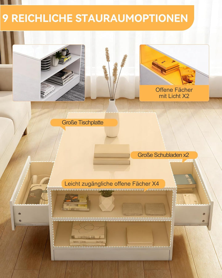 LED Couchtisch Wohnzimmertisch mit Regal Hochglanz Modern Beistelltisch Kaffeetisch mit 2 Schubladen