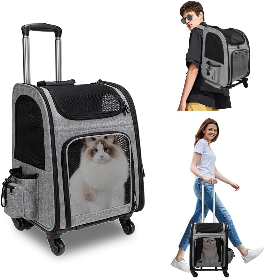 mumisuto Transportbox Katze mit Rädern 360° Drehbar, Transportbox Hund mit Taschen, Hundewagen Troll