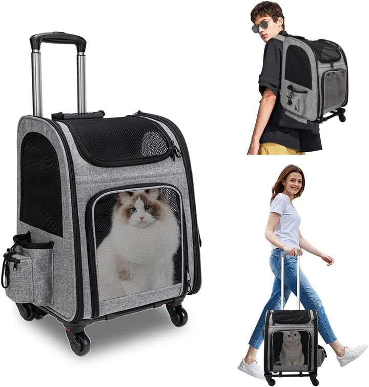 mumisuto Transportbox Katze mit Rädern 360° Drehbar, Transportbox Hund mit Taschen, Hundewagen Troll
