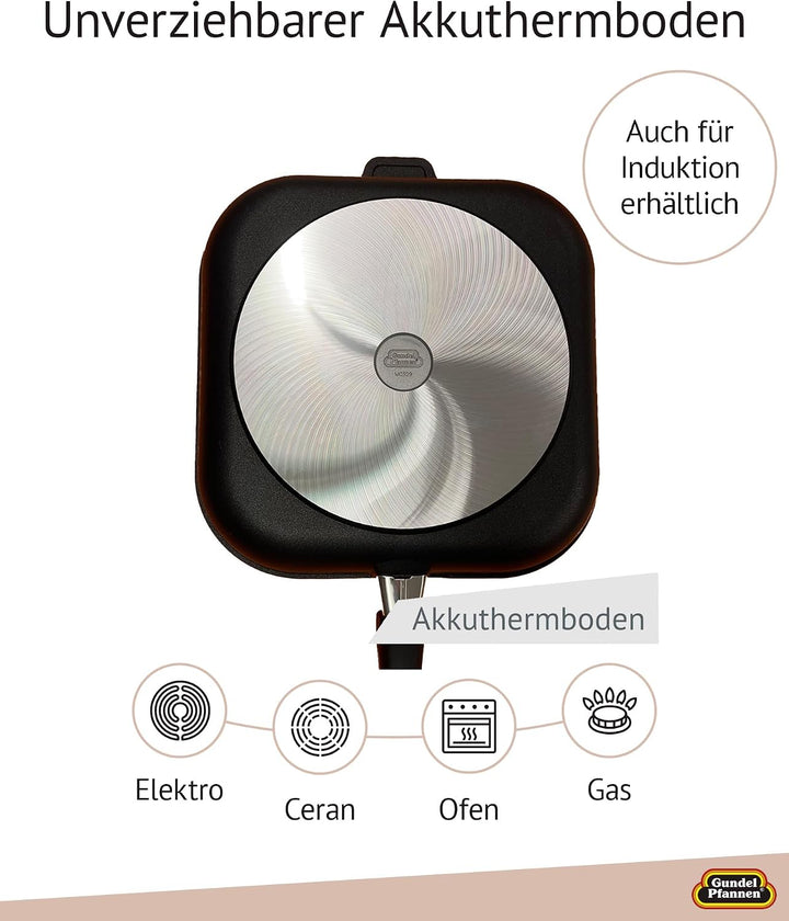 Original Gundel GUSS-QUADRAT-GRILLPFANNE flach, 28 x 28 cm, Höhe 4 cm, BIOTAN-Oberfläche - abnehmbar