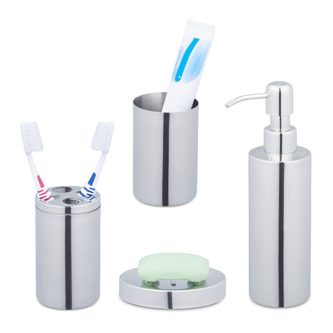 Relaxdays Badezimmer Set, 4-teilig, Badaccessoires Edelstahl poliert, komplette Badezimmerausstattun
