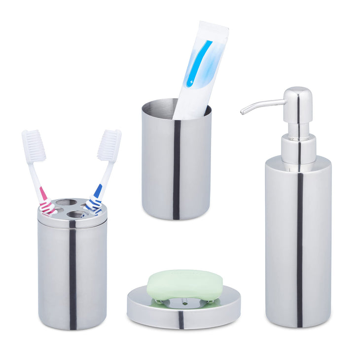 Relaxdays Badezimmer Set, 4-teilig, Badaccessoires Edelstahl poliert, komplette Badezimmerausstattun