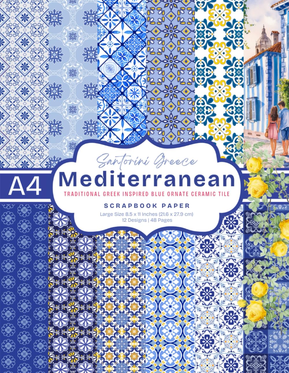 Santorini Greece Scrapbook Paper: Collection of 24 Sheets Blue Tile Craft Paper - Double-Sided Greek