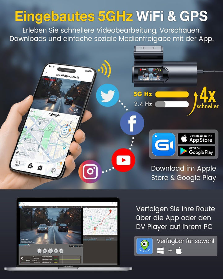 GKU 4K Dashcam Auto Vorne Hinten, 5GHz WiFi GPS, Dual Dash Cam, 1.5” IPS Mini Auto Kamera mit 64GB S