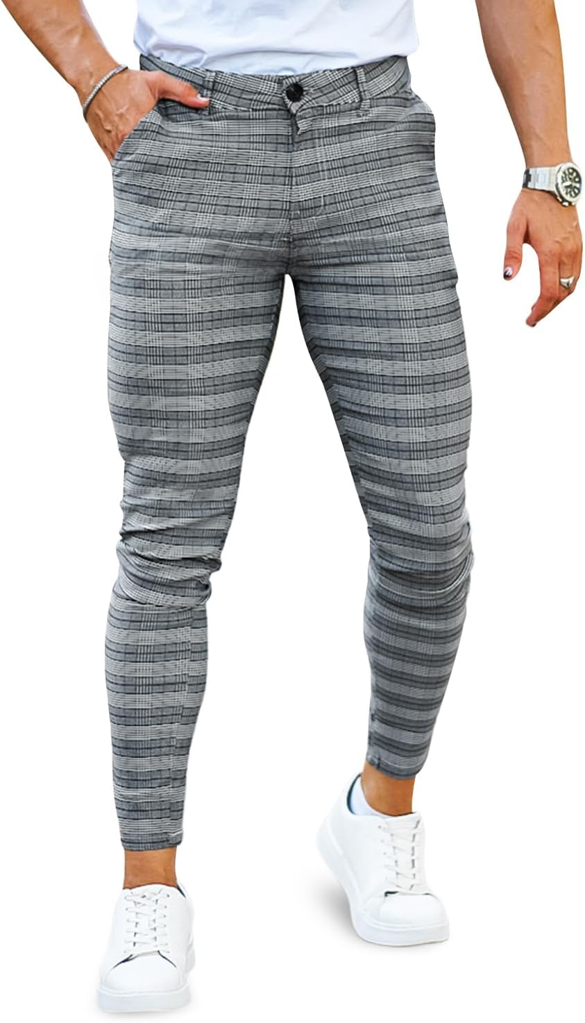 GINGTTO Herren Chino Hose Skinny Stretch Chinohose Karo Slim fit Stoffhose Check Tapered Casual Pant