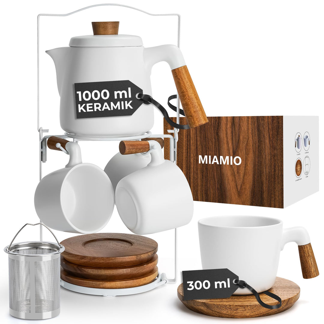 MIAMIO - 1 Liter Keramik-Teekanne-Set mit Siebeinsatz und Tassen/Teesieb, 4 Keramik-Teetassen (300 m