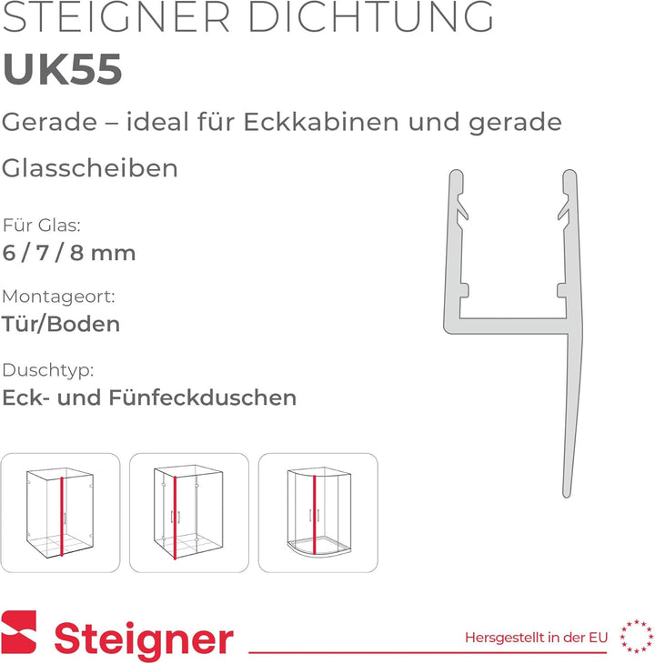 STEIGNER Duschdichtung, 140cm, Glasstärke 6/7/ 8 mm, Gerade PVC Ersatzdichtung für Dusche, UK55 UK55