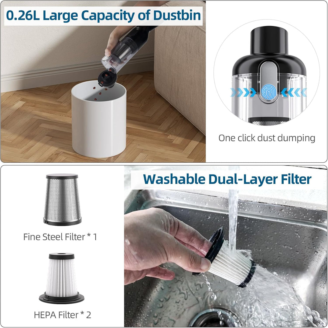 Handstaubsauger, 22000Pa Auto-Staubsauger, Mini Staubsauger mit Waschbar HEPA-Filter, USB-Akku Sauge