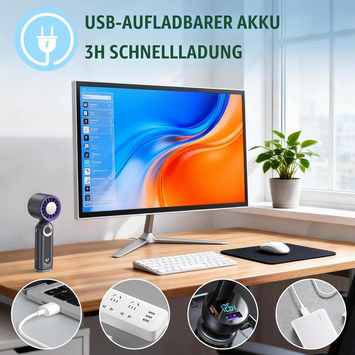 Handventilator mit Kühlfunktion &amp; LED-Display, 1-199 Turbo-Stufen, USB-C | Leise, kompakt, für Reise
