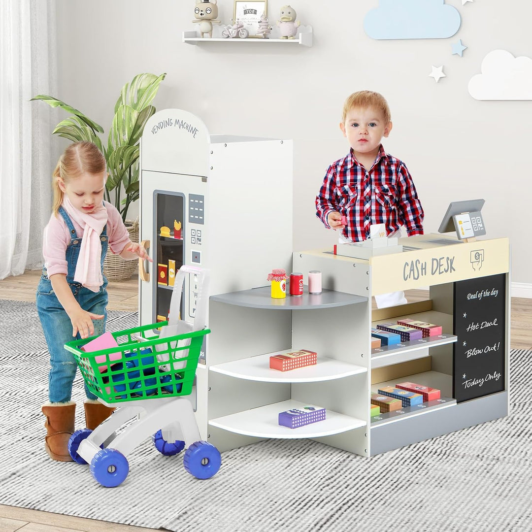 HOMASIS Kinder Kaufladen, Kaufmannsladen Holz mit 15 Zubehör & Tafel, Verkaufsstand mit Seitentheke,