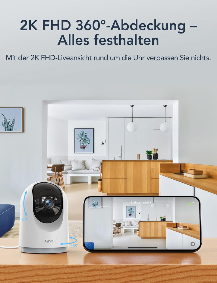 GNCC Überwachungskamera Innen - 2K Kamera Überwachung Innen, 360° WLAN Kamera Indoor mit Nachtsicht,