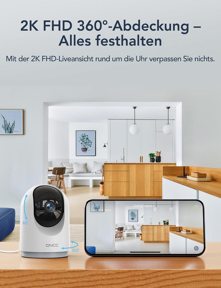 GNCC Überwachungskamera Innen - 2K Kamera Überwachung Innen, 360° WLANkamera Indoor Hundekamera mit