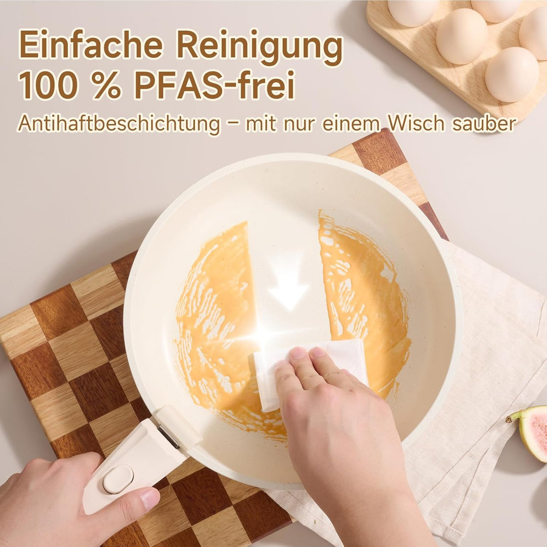 JEETEE Topfset Pfannenset mit abnehmbarem Griff 20-Teilig, Antihaft Topfset Induktion mit Lid, Stape