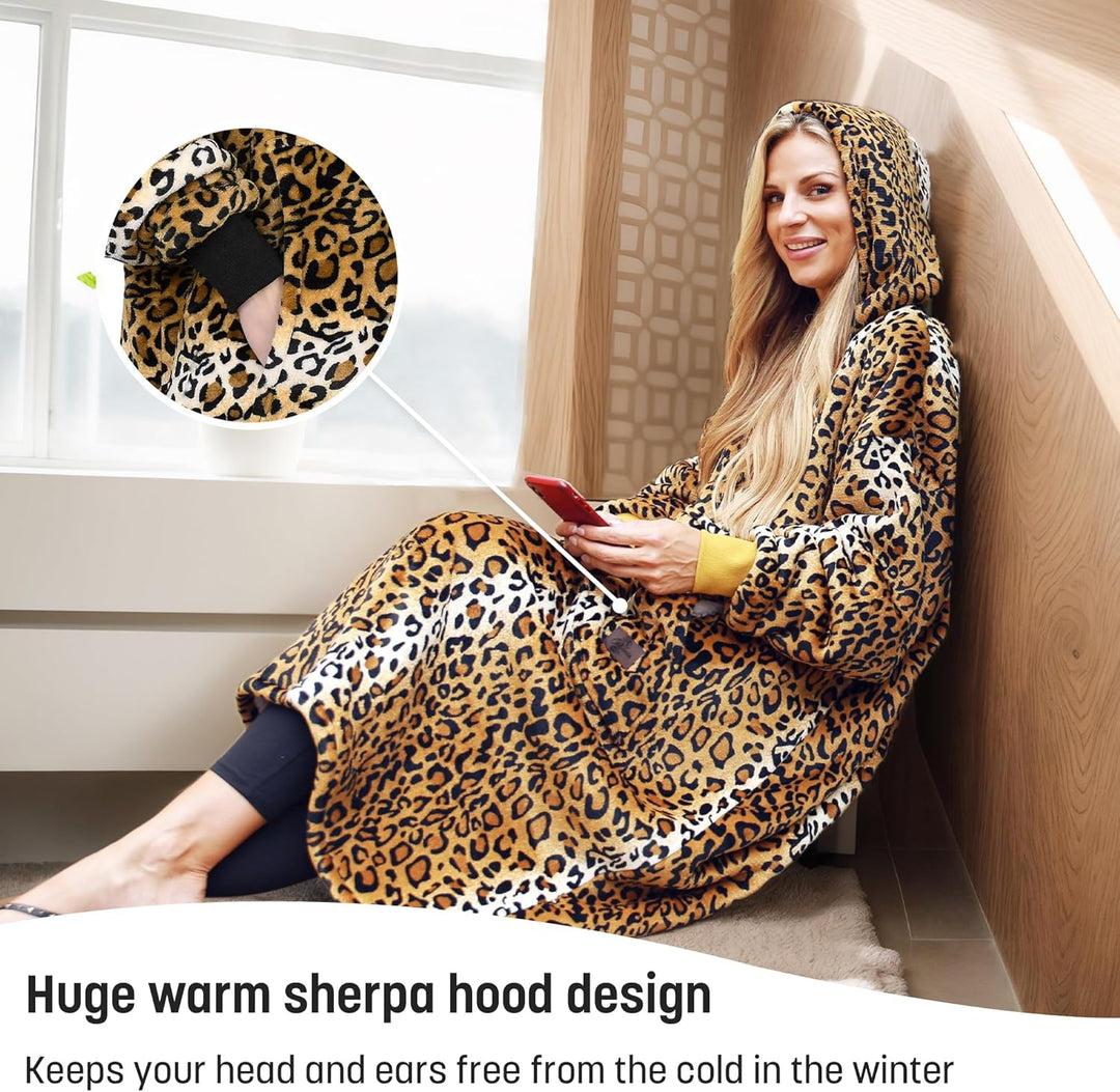 Extra Lange Sherpa Hoodie Decke Ghepard, Flauschige Übergrosse Kuscheldecke mit Ärmeln und Kapuze, W