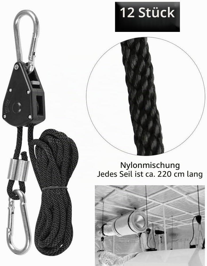 6 Paar 0,3 cm robuste Ratschenaufhänger, verstellbare Seilaufhänger für Pflanzenventilator, Filter,