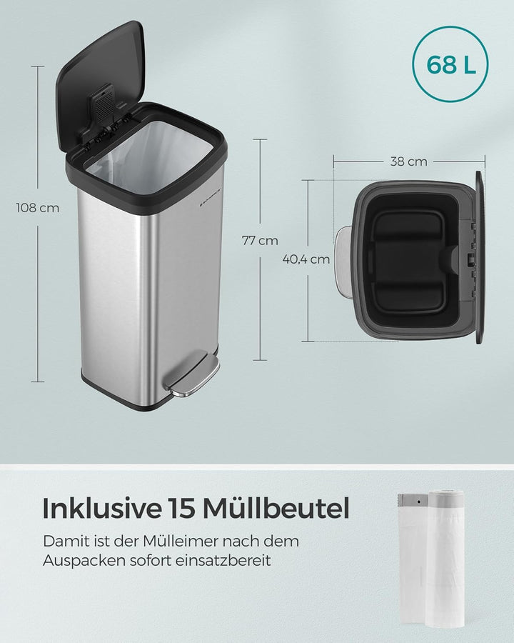 SONGMICS Mülleimer Küche, 68 Liter Abfalleimer, Tretmülleimer aus Metall, mit Deckel, hoch, schmal u
