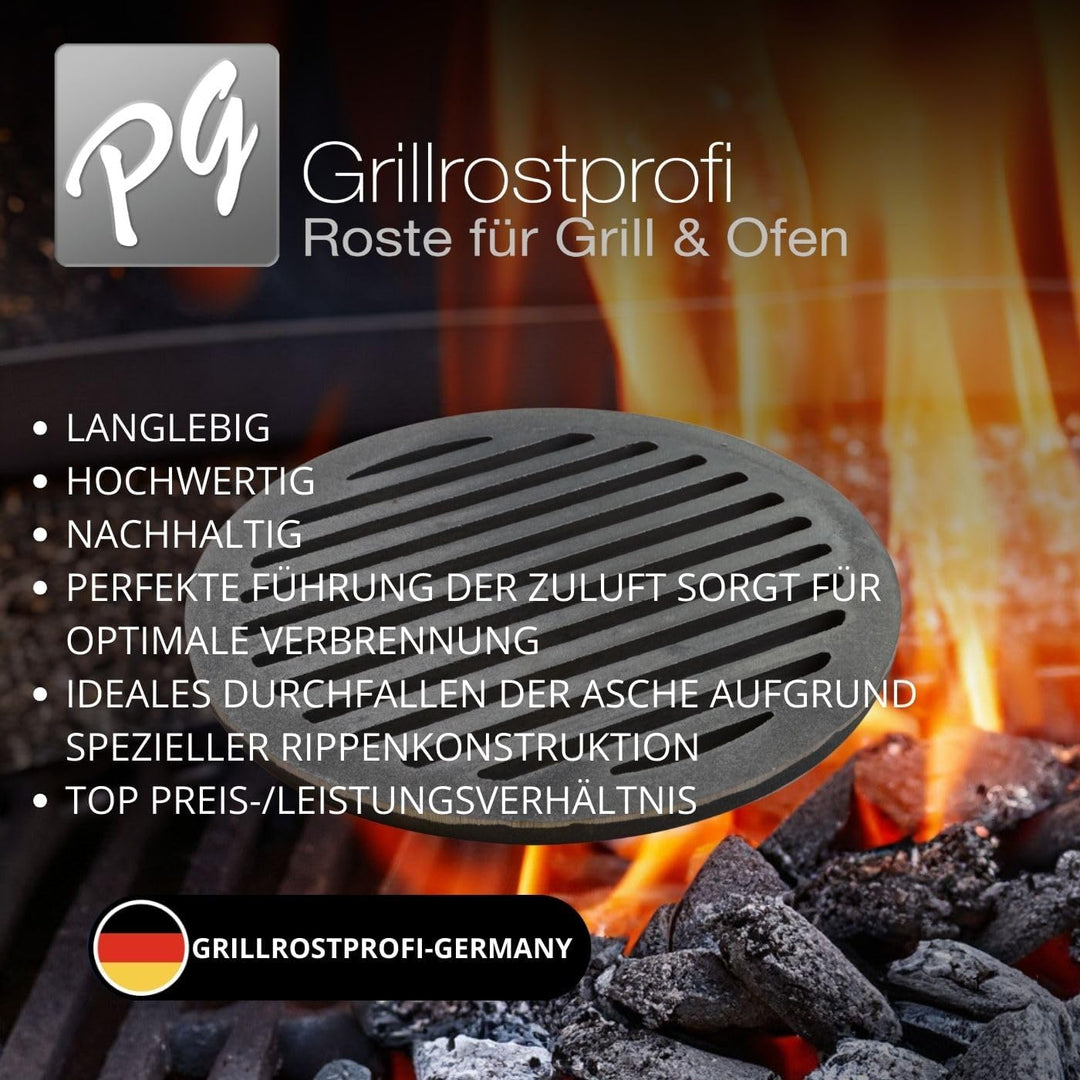 Grillrostprofi Ascherost - Feuerrost - Kohlerost - Kaminrost in Premium-Qualität, Gusseisen, rund, D