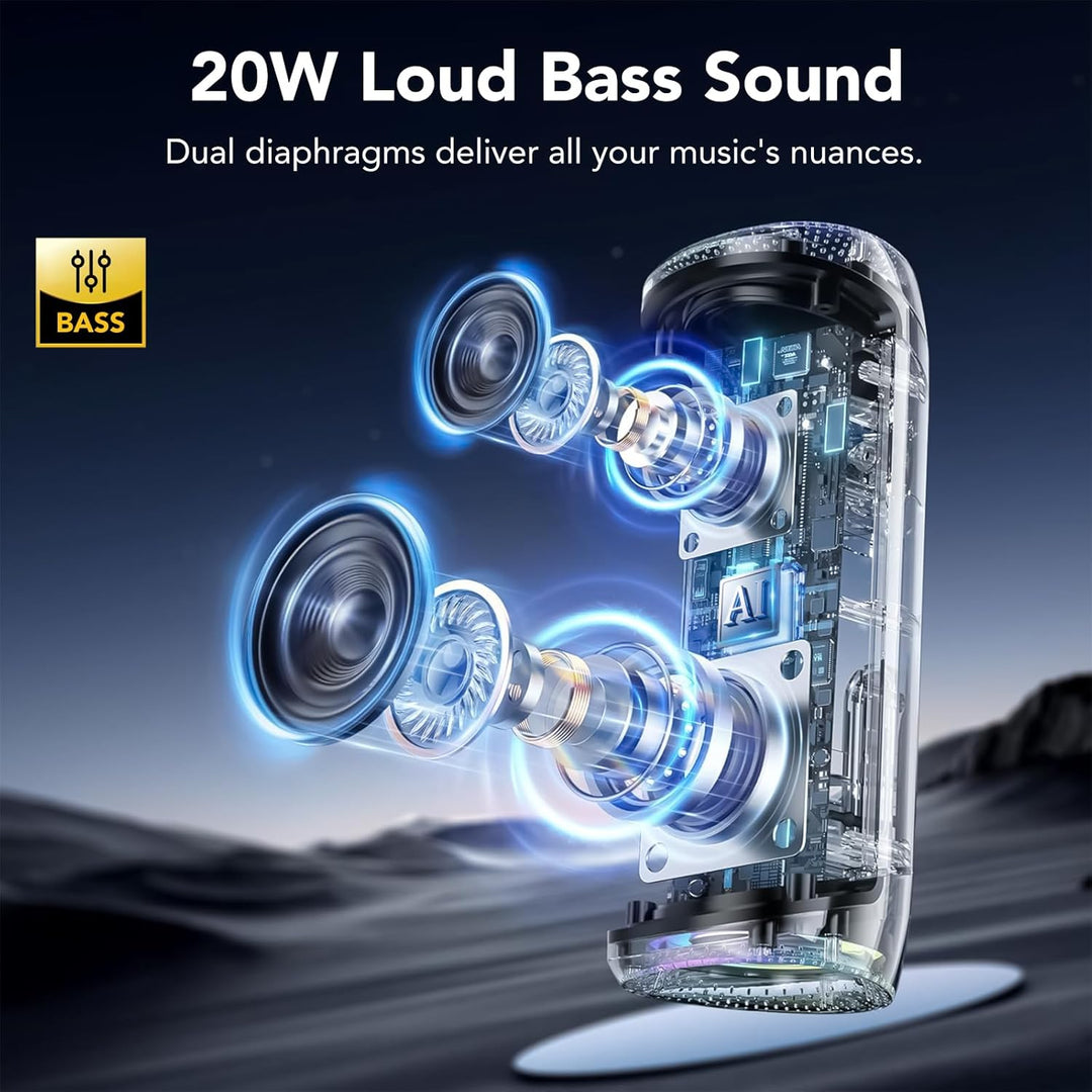 aowoka Bluetooth Lautsprecher mit Licht, 20W tragbare Musikbox, verbesserter Bass, LED-Anzeige, 20 S