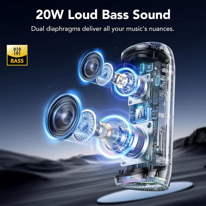 aowoka Bluetooth Lautsprecher mit Licht, 20W tragbare Musikbox, verbesserter Bass, LED-Anzeige, 20 S