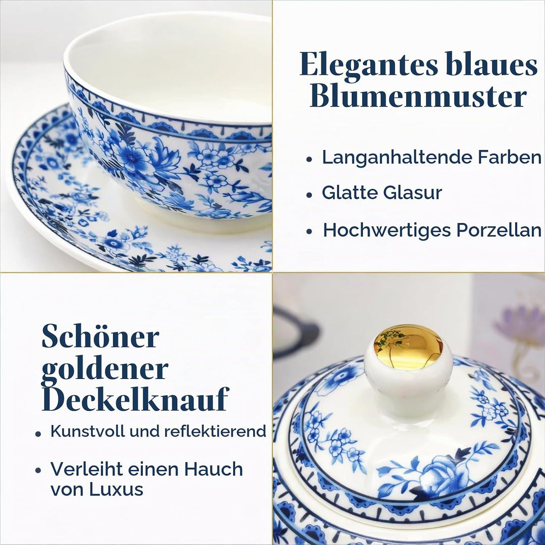 Porcelain Tea for One Set Beautiful Flower Ceramic Teapot with Cup Gifted Box (Blue and White), Blue