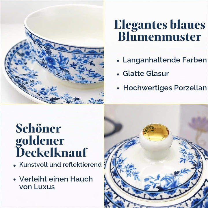 Porcelain Tea for One Set Beautiful Flower Ceramic Teapot with Cup Gifted Box (Blue and White), Blue