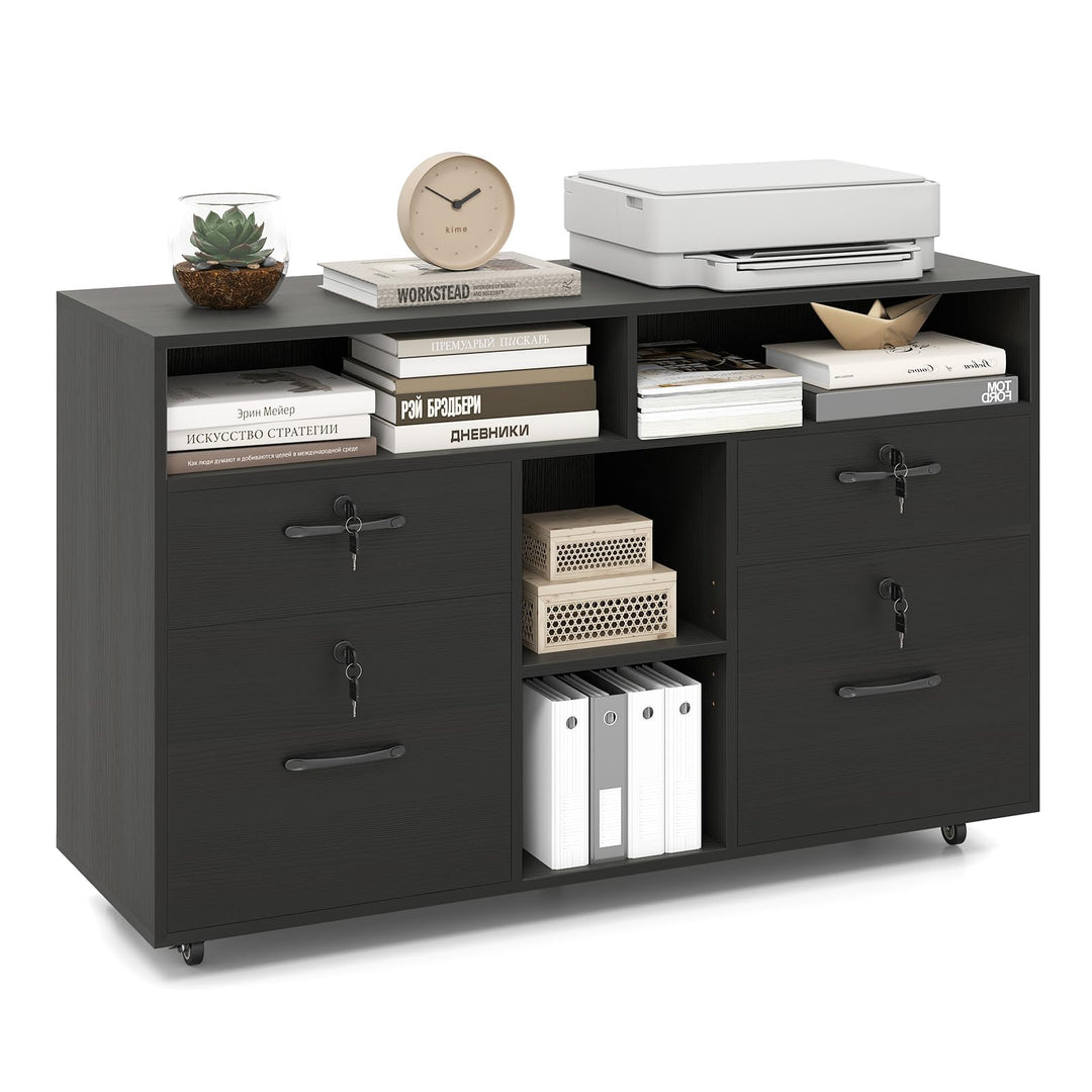 COSTWAY Rollcontainer mit 4 Schubladen, mobiler Aktenschrank abschliessbar mit verstellbarem Regal &