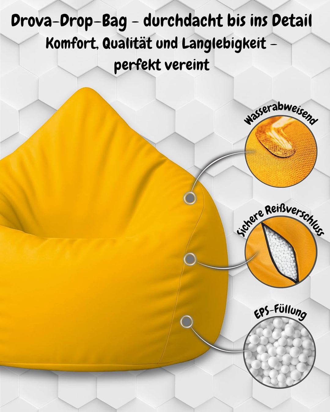 PATCH HOME Patchhome Sitzsack Tropfenform mit Reissverschluss Nachfüllbar - für In &amp; Outdoor - mit S
