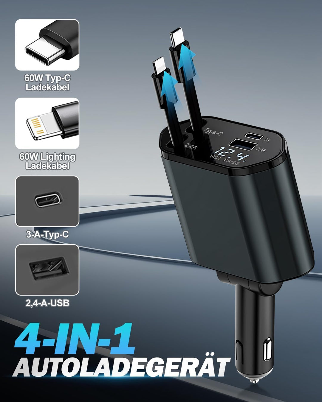 4 in 1 Zigarettenanzünder USB C 66W, Auto Ladegerät Adapter Kfz mit einziehbare Typ-C Kabel/USB C/US