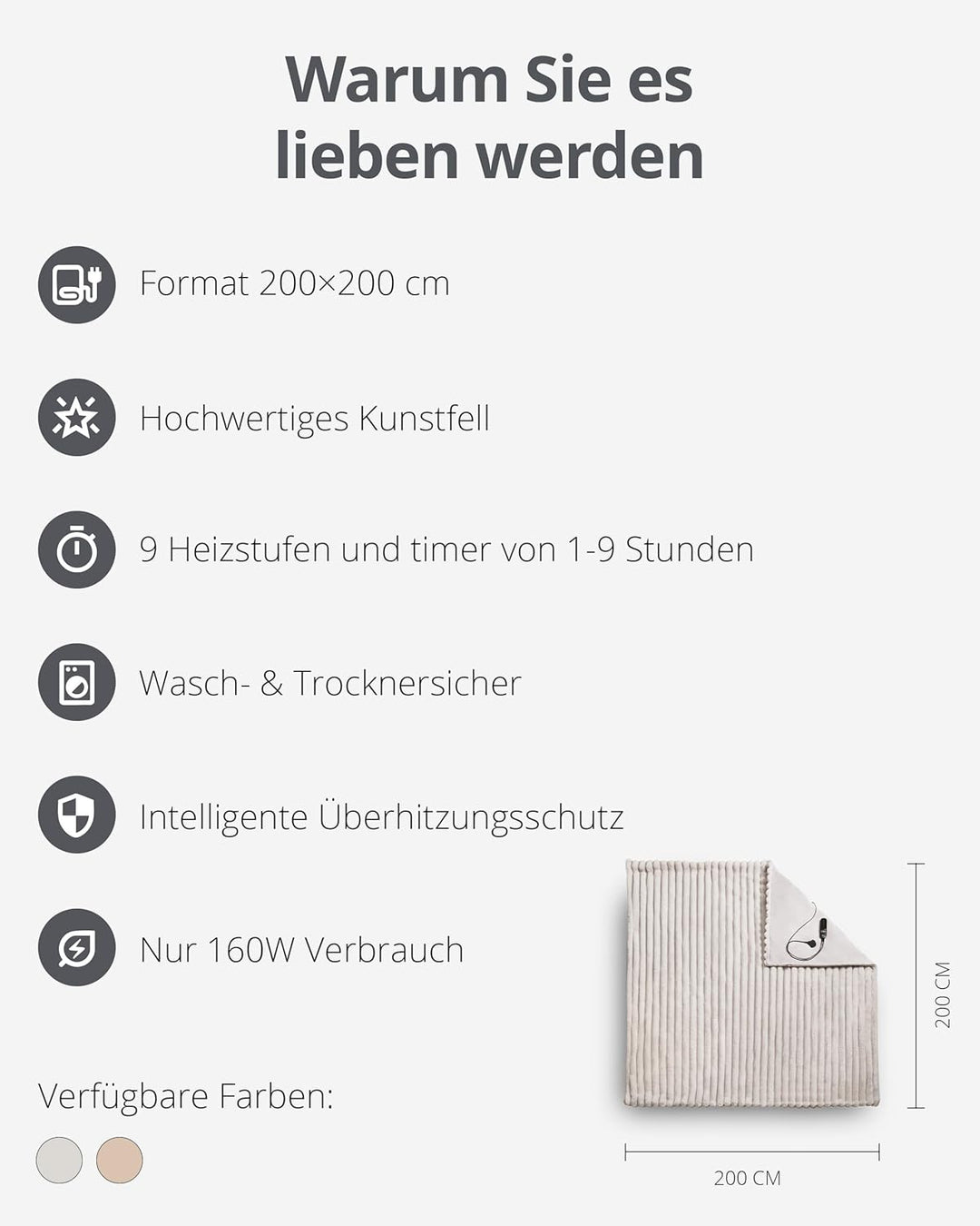Duux Yentl Striped Elektrische Wärmedecke – 200x200 cm – Extra weich – 9 Heizstufen & Timer – Waschb