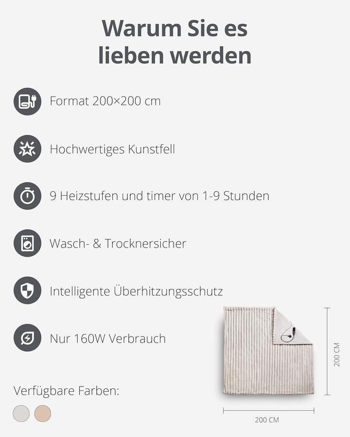 Duux Yentl Striped Elektrische Wärmedecke – 200x200 cm – Extra weich – 9 Heizstufen & Timer – Waschb