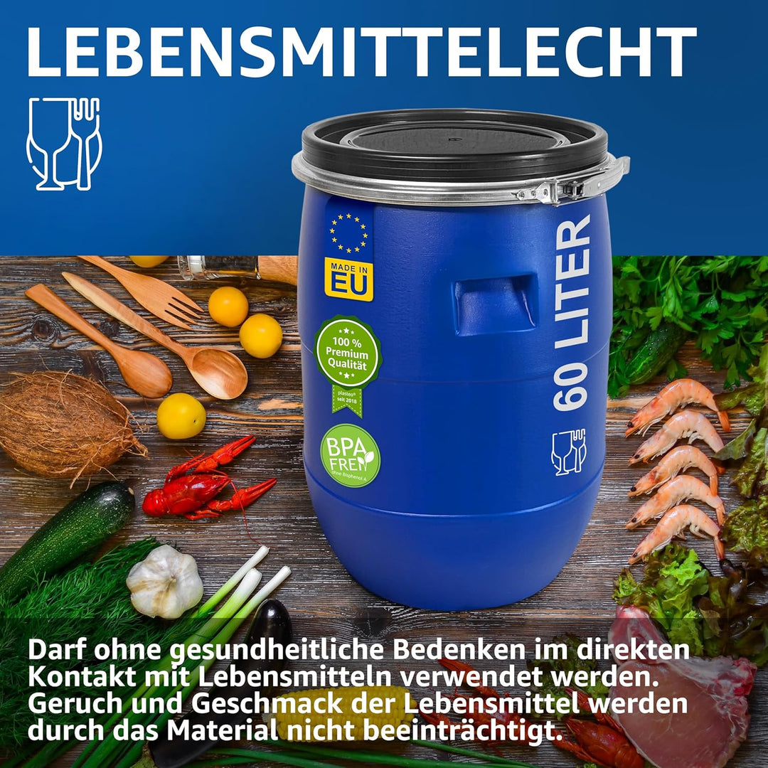 plasteo® 60 Liter Weithalsfass mit Deckel und Spannring, Lebensmittelecht BPA-Frei, Futtertonne Kuns