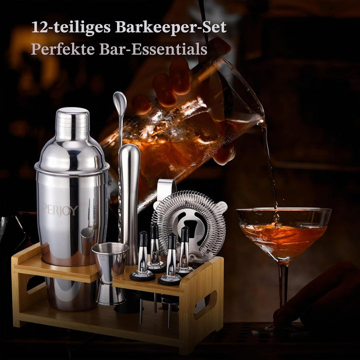 Perjoy 12pcs Cocktail Shaker mit Ständer, Rostfreie Stähle Cocktail Set Mit Doppelten Jigger, Einer