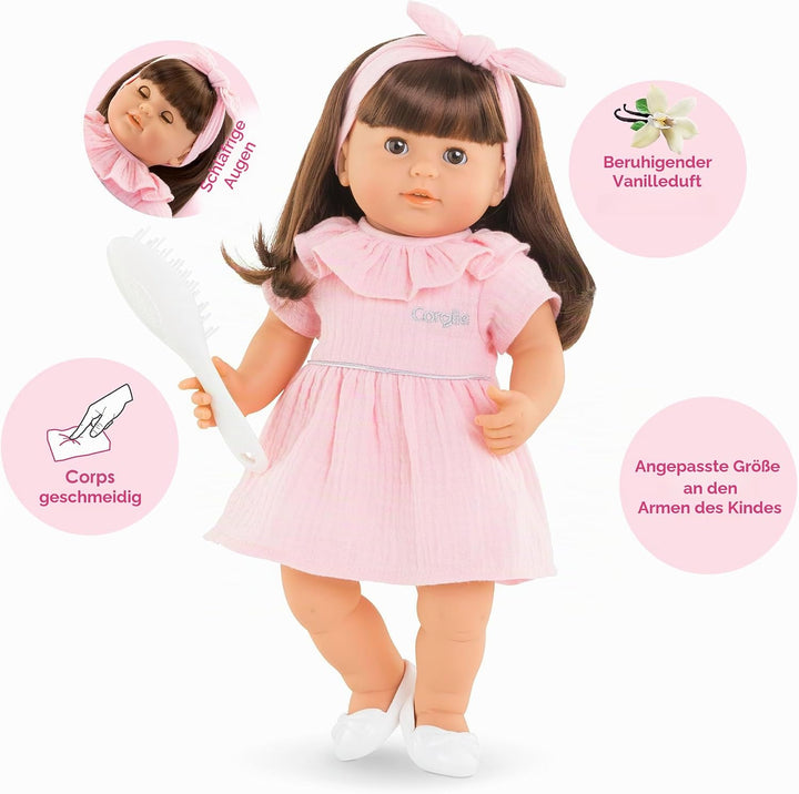 Corolle Mon Grand Poupon Julie, 36cm Weichkörperpuppe mit langem braunen Haar, inkl. Bürste, Schlafa