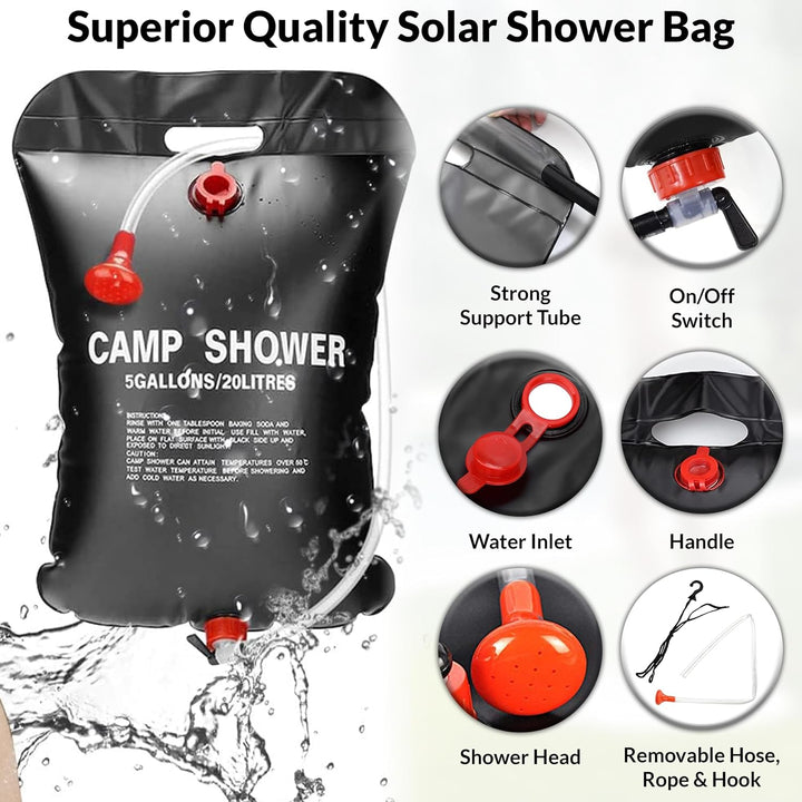 ARSUK Solardusche Camping 20L, Outdoor Warmwasser Aufhängen Duschsack Mit 45 °C Abnehmbarem Schlauch