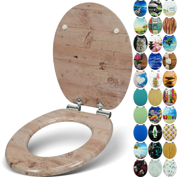 Premium WC Sitz mit Absenkautomatik – hochwertige Toilettendeckel aus Holz, viele bunte Motive, hohe