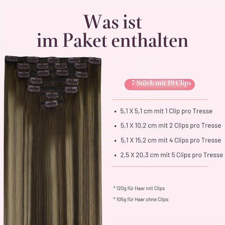 GOO GOO Clip in Extensions Eechthaar, 45cm 120g 7pcs, 4/26/4 Schokoladenbraun Gemischter Honig Blond