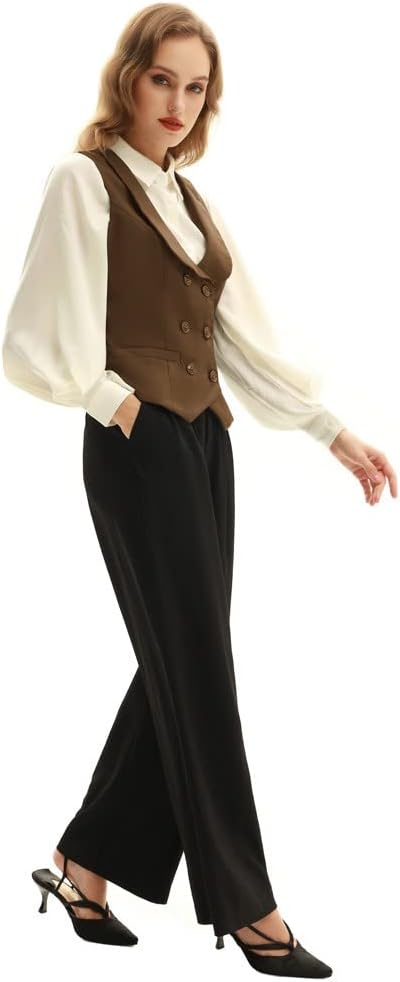 Belle Poque Damen Weste mit Gebogenes Revers V-Ausschnitt Karierte Weste mit Zwei Taschen Geometrisc