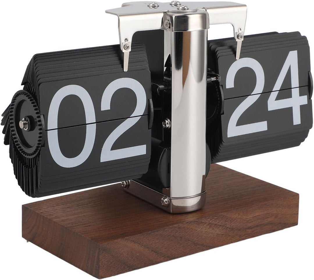 Greensen Retro Flip-Down-Uhr mit Schwarznussholz-Sockel Mechanische Auto Flip-Schreibtisch-Uhr 24H D