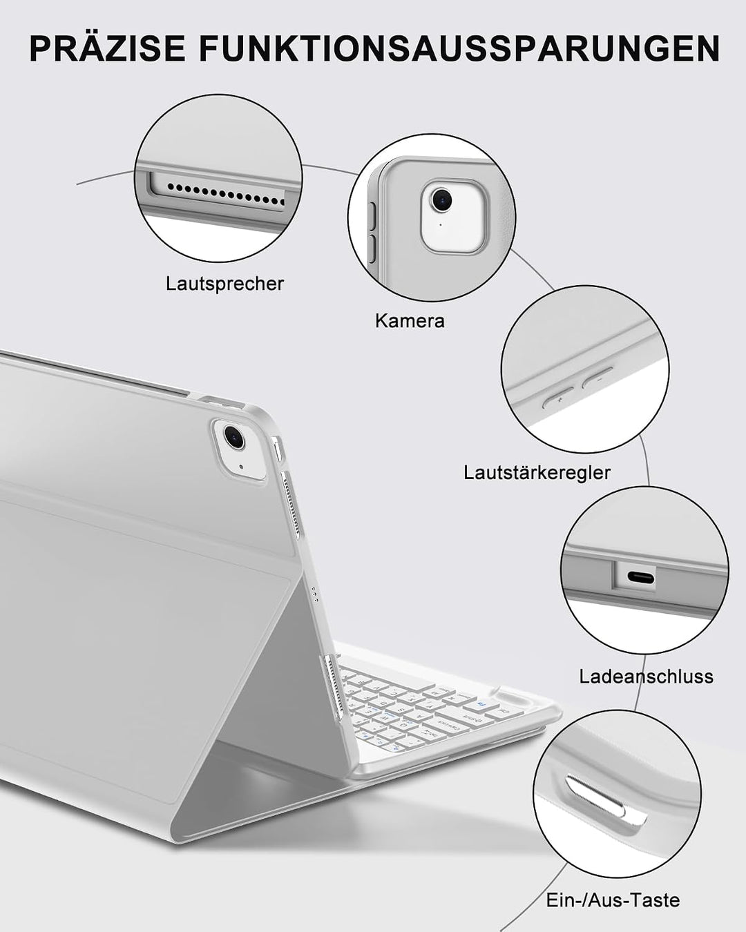 Hülle mit Tastatur für iPad Air 13" (2026 M4/2025 M3/2024 M2) & Pro 12.9" (2018-2022), Deutsches QWE