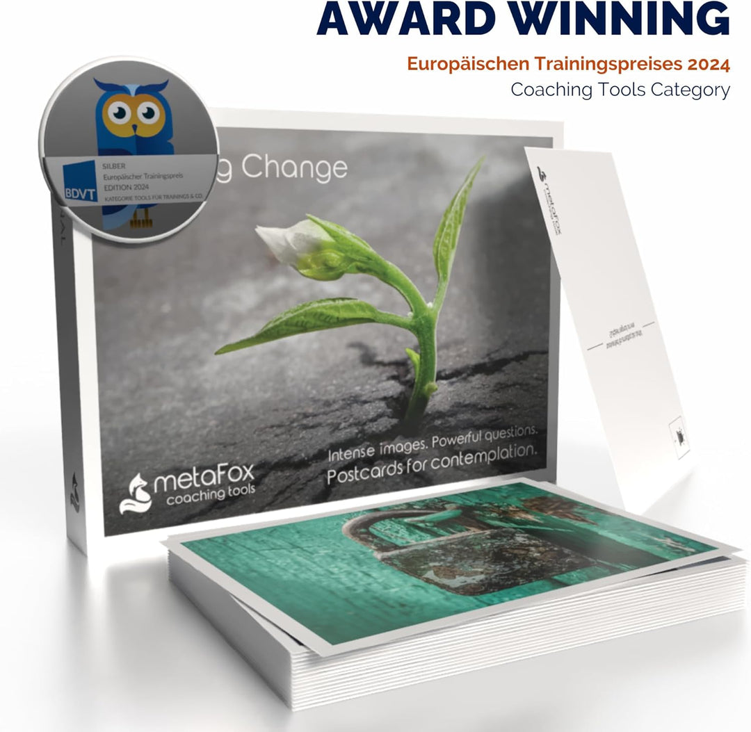 metaFox | Leading Change Postcards Pack | 52 Cards for Coaching & Change Management | Based on the 8