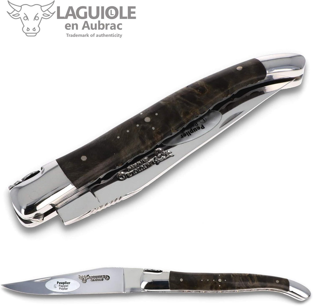 Laguiole en Aubrac Taschenmesser - Griff dunkle Pappel Maserknolle - 12 cm - Doppelplatine - Klinge