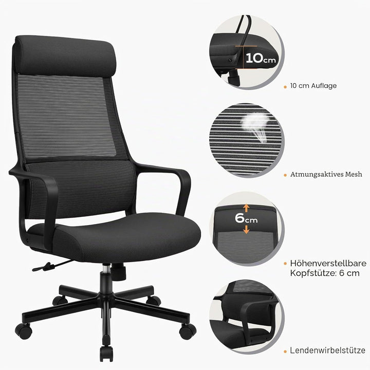 MELOKEA Bürostuhl Ergonomischer Bürostuhl, Mesh-Chefsessel mit Hoher Rückenlehne, Kopfstütze Verstel