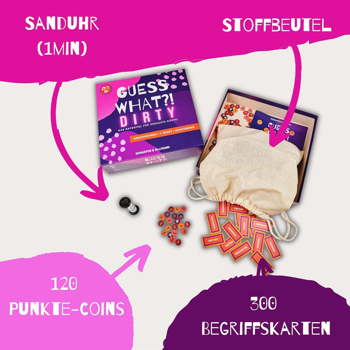 GUESS WHAT?! Dirty - Das Ratespiel für versaute Köpfe! Begriffe erraten & Pantomime Spiel | Partyspi