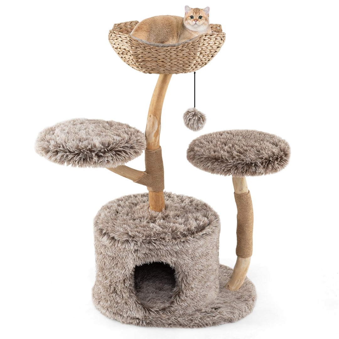 SOARS Kratzbaum Holz, 105 cm Katzenbaum mit Weidenkorb, Höhle, 2 Plattformen und Plüschball, Katzenk