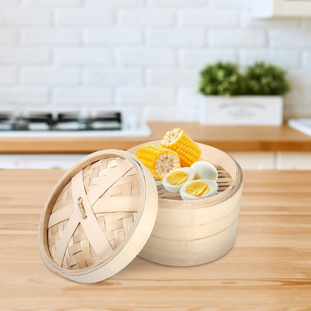 Bambus-Dämpfkorb 8,7 Zoll 2 Ebenen Chinesischer Dim Sum-Korb Mit Deckel Knödel-Dampfgarer Zum Kochen