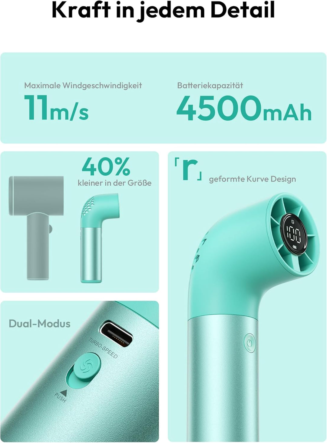 Aecooly Tragbarer Handventilator, Leistungsstarker Turbo-Mini-Ventilator, 19000 U/min High Speed Aer