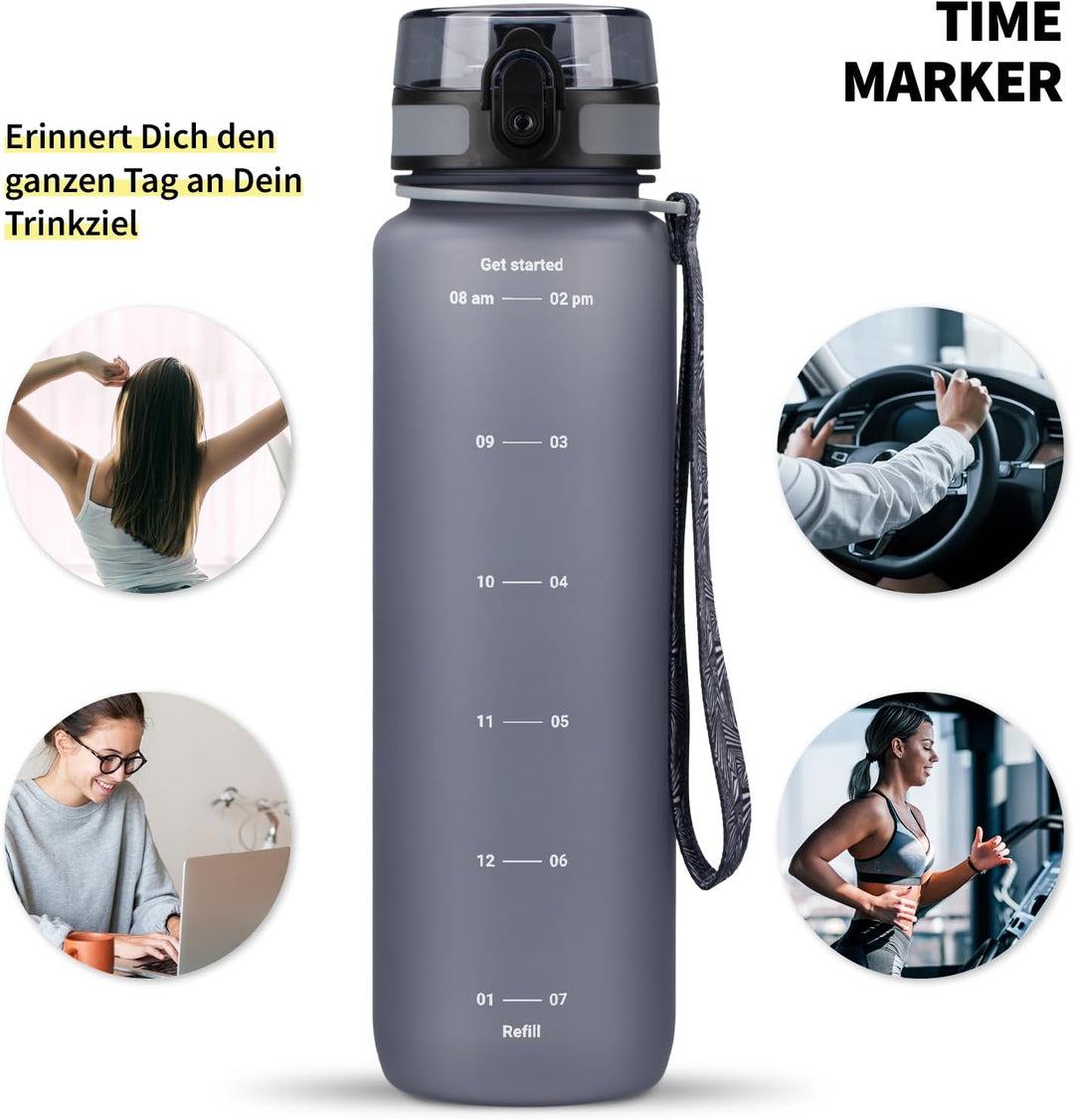 720°DGREE Trinkflasche 1l mit Motivationsskala “uberBottle“ +Sieb - BPA-Frei - Wasserflasche für Uni